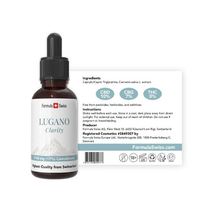 CBD бутилка с капкомер с надпис "Lugano Clarity" от Formula Swiss на бял фон.