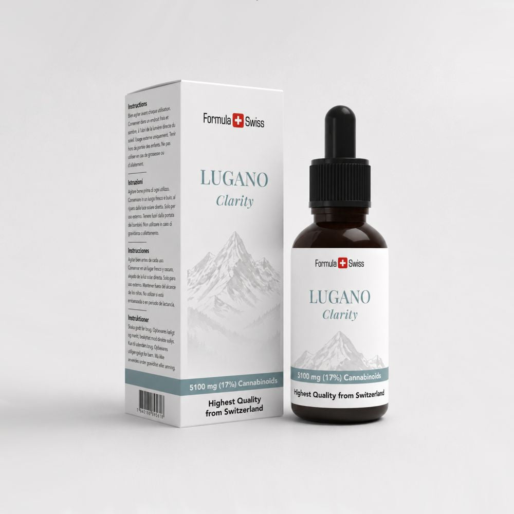Formula Swiss бутилка Lugano Clarity и опаковка на бял фон