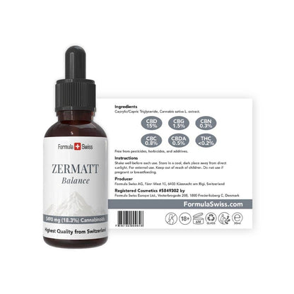 Zermatt Balance CBD бутилка с етикет на бял фон