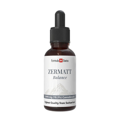 Бутилка Zermatt CBD масло с Formula Swiss брандиране на бял фон