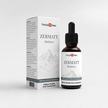 Zermatt Баланс опаковка на продукт от канабис с бутилка и кутия на светло сив фон